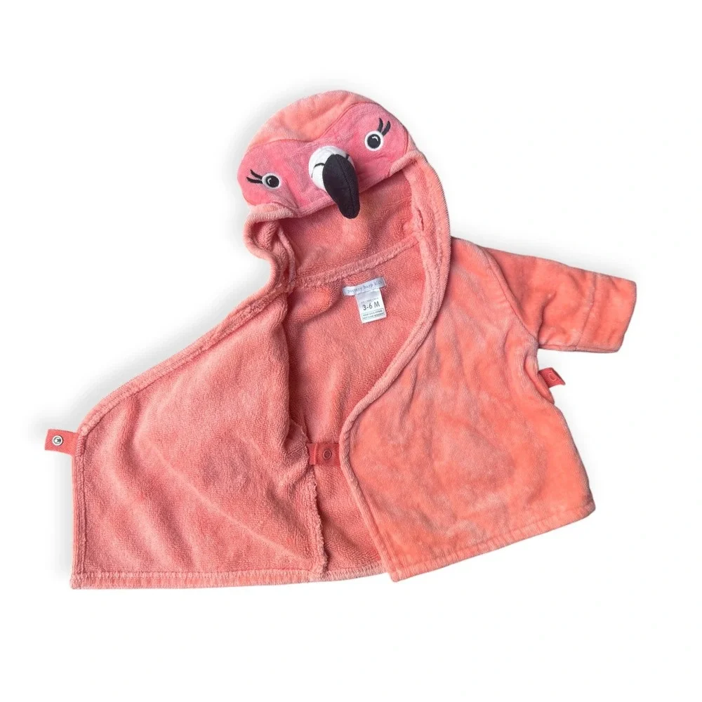 Pottery Barn Hooded Flamingo Baby Robe Coral Cotton Terry 3-6 Months